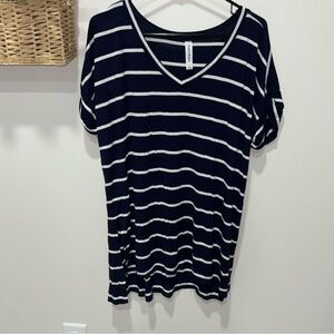 Zenana Outfitters Navy and White‎ Striped V-Neck Tee